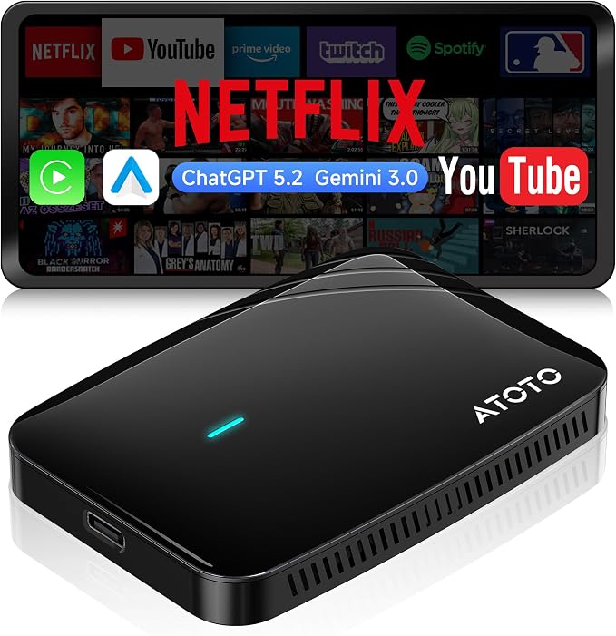 Wireless CarPlay & Android Auto Adapter Support YouTube/Netflix | Enjoy Video & Music Apps, Dual WiFi, Navigation & Gemini 3.0, Plug & Play for Factory Wired CarPlay&Android Auto