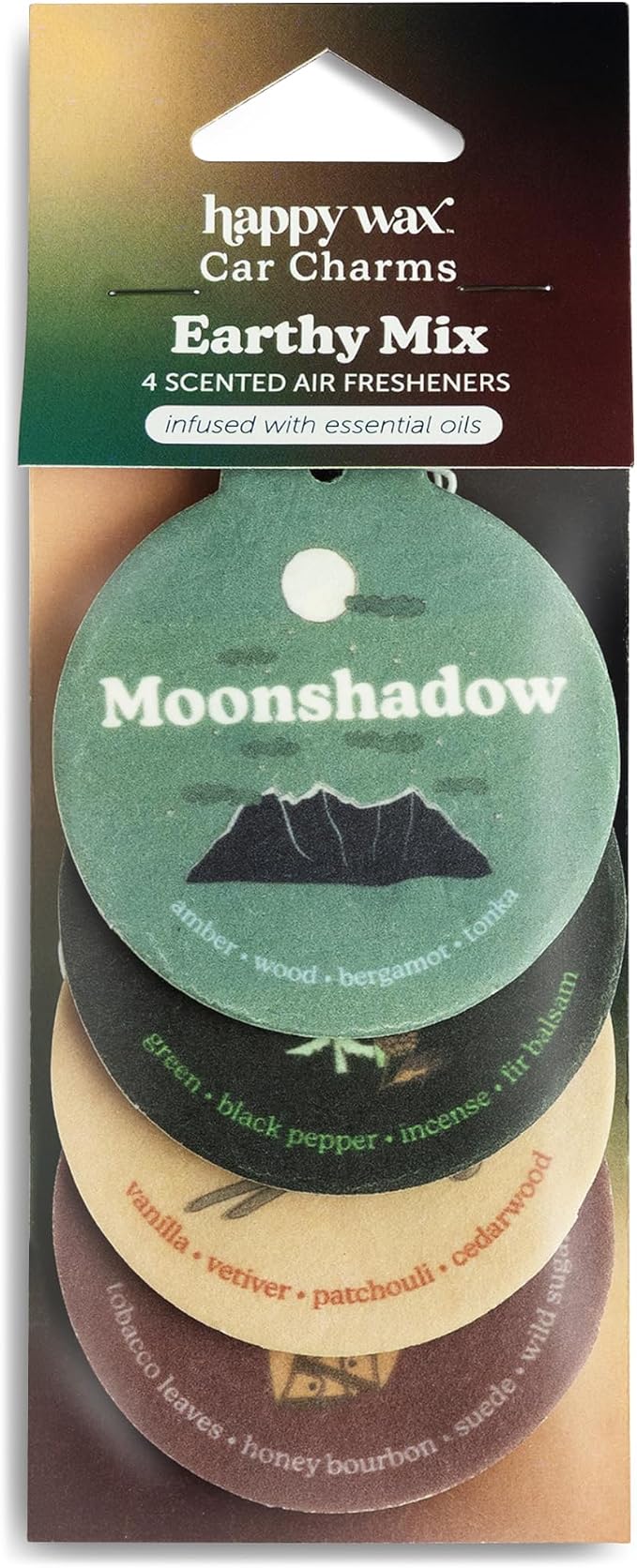 Earthy Mix Car Charms 4-Pack - Includes: Moonshadow, Pine Forest, Vanilla Sandalwood and Vintage Leather