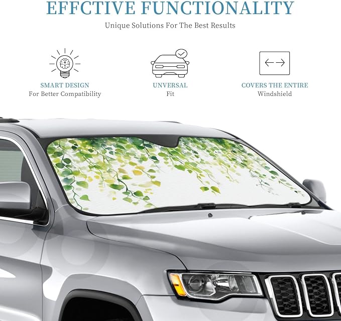 Windshield Sun Shade Watercolor Botanical Leaf Boho Car Front Window Sunshade Cover for Truck SUV Blocks UV Rays Automotive Visor Interior Protector 51 x 27.5 inch