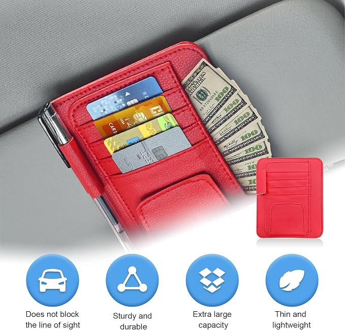 Car Sun Visor Organizer, Small Auto Visor Organizer and Storage, Registration and Document Holder, Vehicle Accessories for Sunglasses, Document, Card, Pen, Driver License (Red)