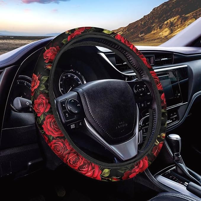 14-15 in Car Steering Wheel Cover Stretch-on Comfortable Grip | Universal Fit Most Car Sedans SUVs, Red Rose Print, Breathable Steering Wheel Protector