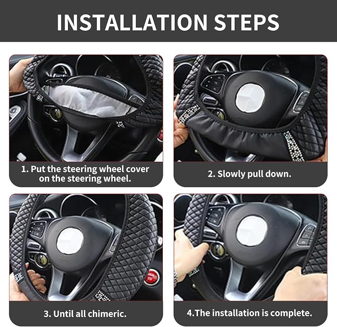 Bling Car Steering Wheel Cover, 15 Inch Rhinestones Soft Leather Elastic Steering Wheel Protector, Sparkly Crystal Diamond for Women, Car Interior Accessories for Most Cars (Grey)