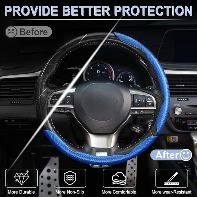 3pcs Carbon Fiber Anti-Skid Steering Wheel Cover, Waterproof & Segmented Butterfly Design, Universal 99% Vehicle Wheel Cover Protector, Car Interior Accessories, Blue