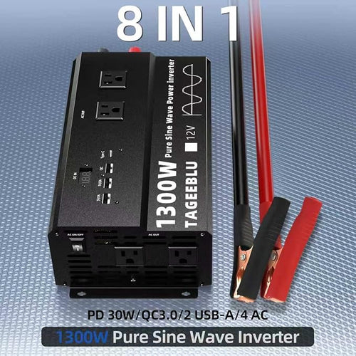 1300W Pure Sine Wave Power Inverter 12V DC to 110V 120V AC for Solar, Truck | Inverter for Car with 4 AC Outlets & 4 USB (30W QC & PD), LCD Display, 2600W Peak, Car Converter for RV Home Off-Grid Camping