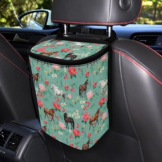 Horse Flower Print Car Trash Can with Lid, Leak Proof Auto Trash Bag Hanging Vehicle Garbage Can Multipurpose Storage Container for Back Seat Road Trip