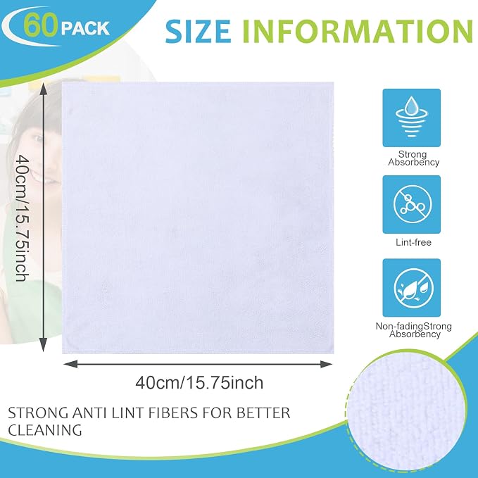 Microfiber Cleaning Cloths for Cars 16 x 16 Inch Ultra Absorbent Car Towels Drying Reusable Cleaning Supplies House Kitchen Window Microfiber Towel(White,60 Pcs)