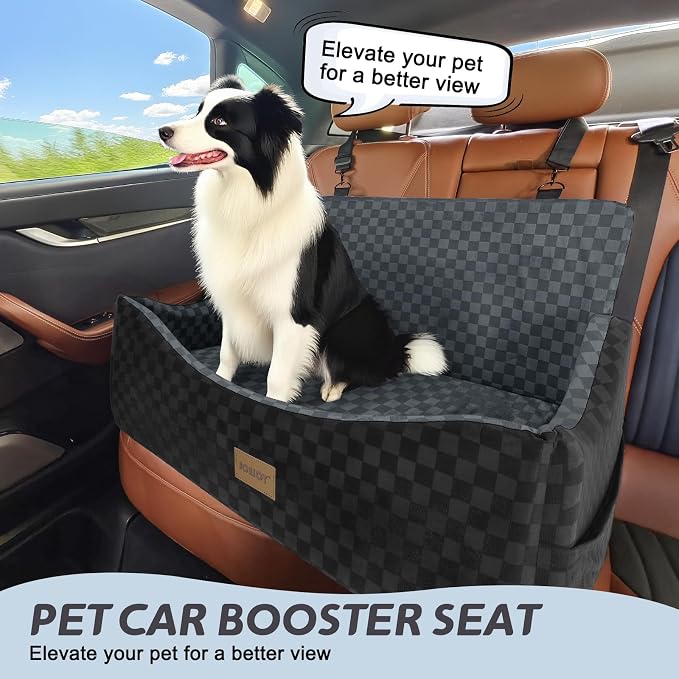 Dog Car Seat for Medium/Large Dogs - Reversible Dual-Sided Travel Dog Car Bed with Memory Foam, Washable Pet Booster Seat for Dogs up to 55 lbs or 2 Small Dogs, 2 Safety Leashes, Dark Grey