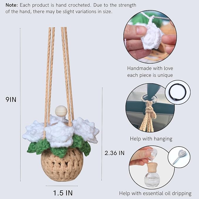 Handmade Crochet Hanging Car Air Freshener - Pure Elegant White Rose Design, 12ml Refillable Thick Glass Bottle, Car Diffuser for Rearview Mirror, Home & Office Minimalist Decor