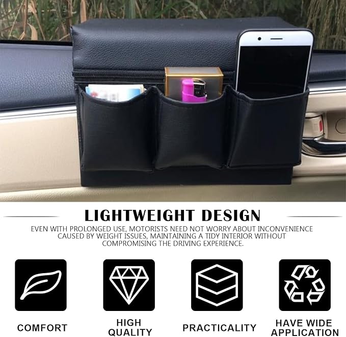 Universal Car Door Side Storage Pocket - Black Leather Window Armrest Organizer Bag with Extra Storage Space for Vehicle Interior Accessories