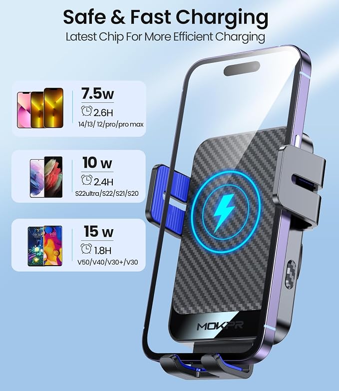 Wireless Car Charger, 15W Fast Charging Auto-Clamping Car Mount Hands-Free Car Charger Mount for Dash Windshield Air Vent Compatible with iPhone 16 15/14/13/12, Samsung S23/S22/S21,Blue