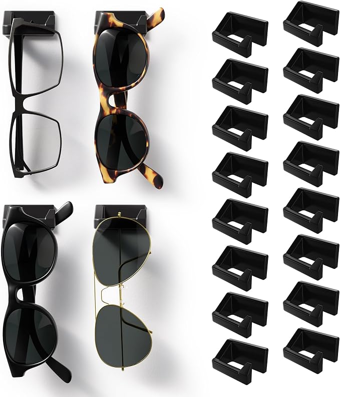 MELEN Adhesive Sunglass Organizer Wall (16-Pack) - Strong and Compact Glasses Holder, Sunglass Holder for Car and Wall - Black
