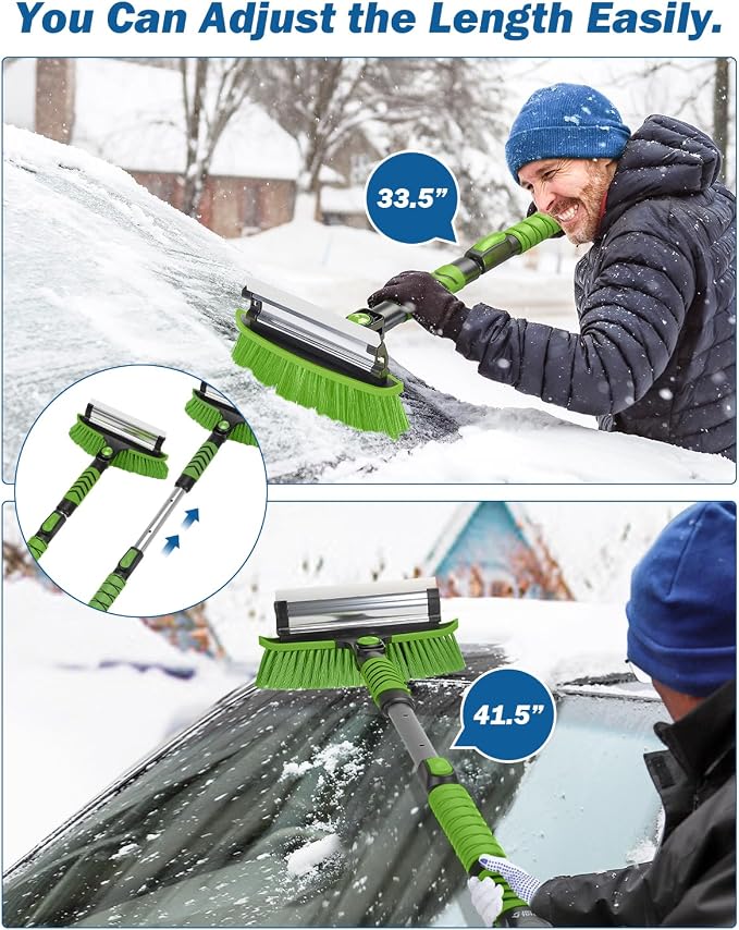 41.5IN Extendable Snow Brush and Ice Scraper, 270°Pivoting Snow Scraper Brush for Car Windshield, Telescoping Ice Scraper, Foam Grip, Heavy Duty Snow Remover for Cars, Trucks, SUV (Green)