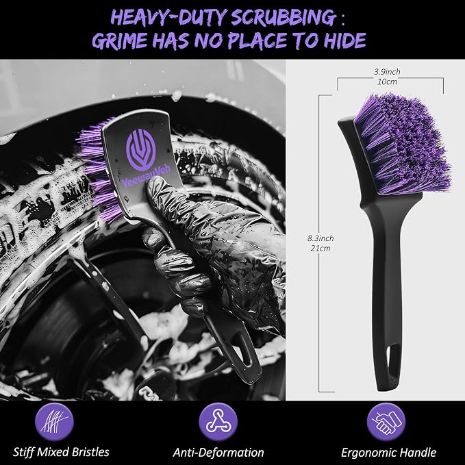 6Pcs Car Wheel & Tire Brush Kit, Professional Wheel Detailing Kit with Scratch-Free Rim Brush, Tire Brushes, Detailing Brush, Microfiber Towel & Tire Shine Applicator Pad, Vibrant Purple