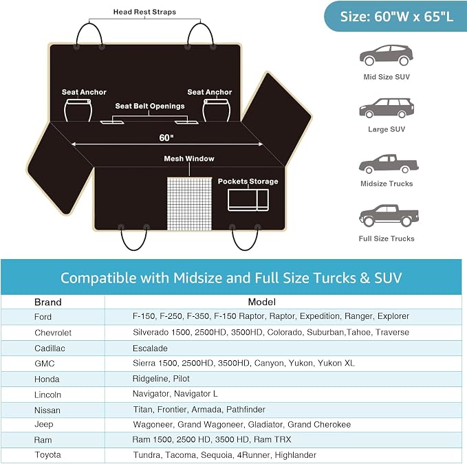 XL Truck Dog Seat Cover Back Seat with 2 Seat Belts, Dog Car Hammock for Large SUV and Trucks Compatible with F150 F250/Chevrolet Silverado/Ram Pickup/GMC Sierra/Toyota Tundra and Crew Cab