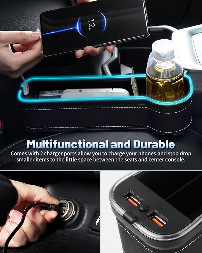 RGB Color Changing LED Car Seat Gap Filler Organizer Console Side Seat Gap Storage Box with Cup Holders and USB Chargers for Car Interior Accessories (2 Pack)