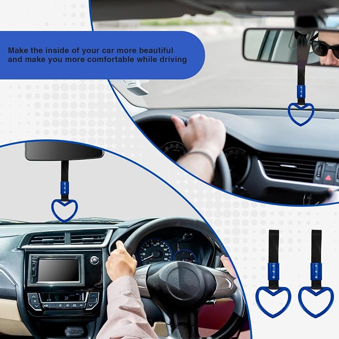 2PCS Heart Shaped Car Handle Straps, Rear Bumper Warning Keychain Ring for Car Exterior Accessories (Blue)
