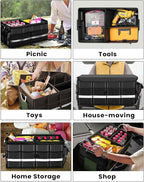 Trunk Organizer With Waterproof Bag, Collapsible Multi Compartment Storage for Car, SUV, Sedan, Truck - Non Slip Bottom, Aluminium Handle (Black, Large 66L)