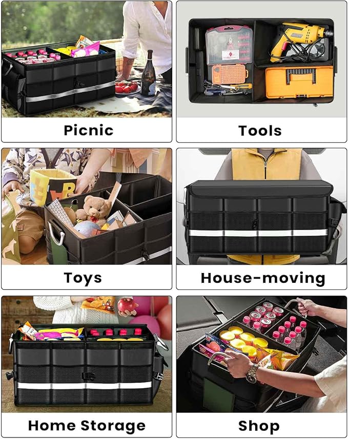Trunk Organizer With Waterproof Bag, Collapsible Multi Compartment Storage for Car, SUV, Sedan, Truck - Non Slip Bottom, Aluminium Handle (Black, Large 66L)