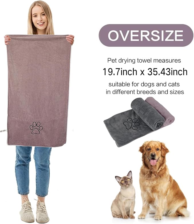 Dog Towels Super Absorbent Microfiber for Small, Medium Dog Drying Towel for Drying Dogs Soft Pet Bath Towels and Cats with Embroidered Paw Pure+Grey 20inchx36inch
