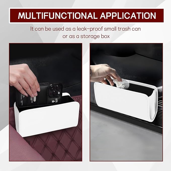 Car Trash Can, Leather Waterproof Automotive Garbage Can with Trash Bag, Hanging Mini Vehicle Trash Bin, Small Auto Door Organizer Storage Pouch, Universal Car Accessories (White)