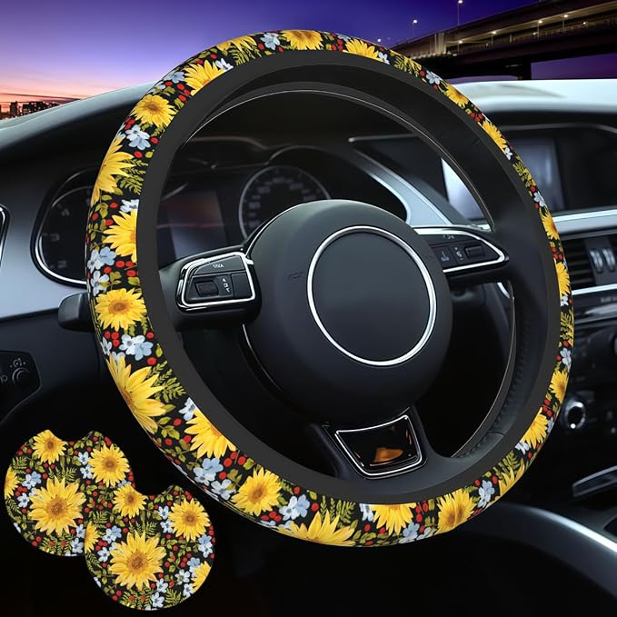Steering Wheel Cover Sunflower Car Accessories + 2 Pieces Coasters | Universal 14-15 Inch Neoprene Auto Interior Decor Anti Slip Car Protector for Women Men