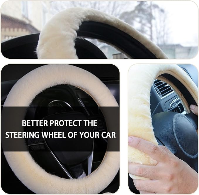 Fuzzy Steering Wheel Cover, 15 inch Soft Wool Fur Steering Wheel Protector, Fluffy Wheel Covers for Winter Warm, Car Interior Decoration Accessories for Women Men (Beige)