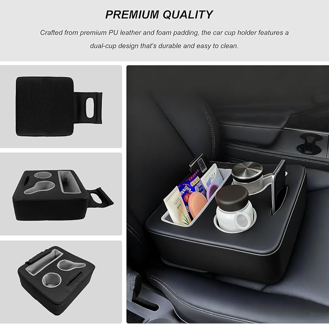 Sun Walker Back Seat Cup Holder for Car, Waterproof Rear Seat Organizer Expander Tray to Store Phone Drink Snack, Universal Leather Cup Holder Pillow for Truck RV Boat Sofa Bed (Black)