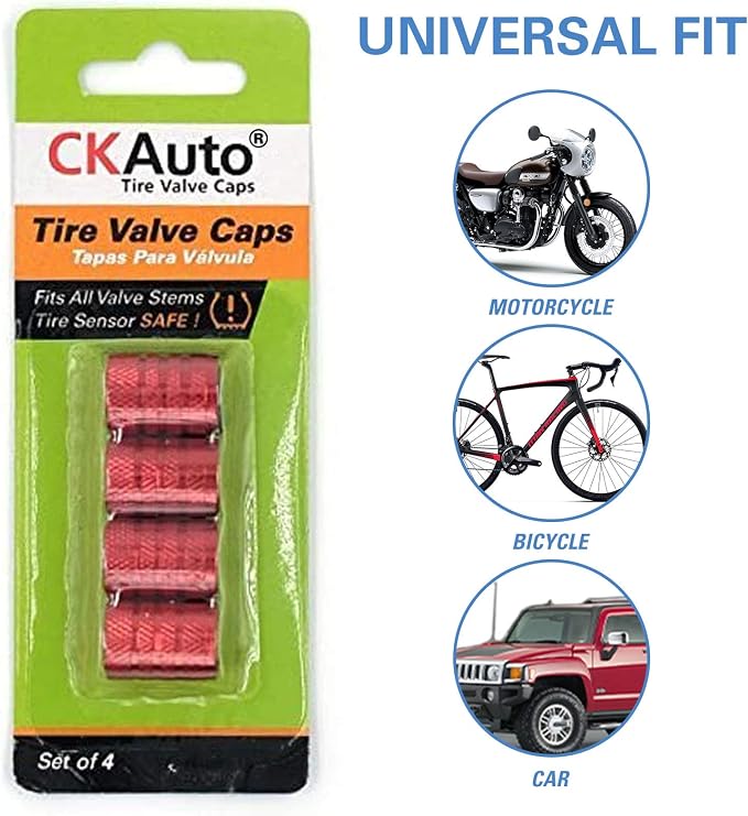 Tire Valve Stem Caps, Red, 4 pcs/Pack, Anodized Aluminum Tire Valve Cap Set, Corrosion Resistant, Universal Stem Covers for Cars Trucks Motorcycles SUVs and Bikes