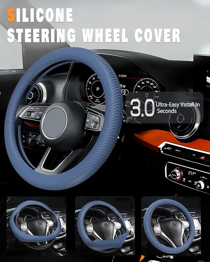 Car Steering Wheel Cover, Thin Anti-Skid Silicone Steering Wheel Cover for Men & Women, Universal Automotive Interior Accessories for Most Cars (Dark Blue)