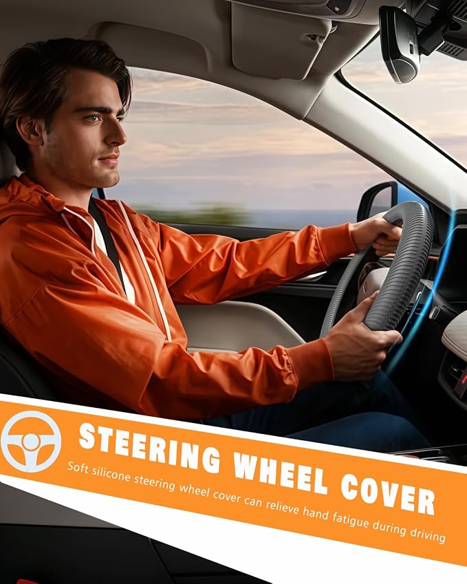 Car Steering Wheel Cover, Thin Anti-Skid Silicone Steering Wheel Cover for Men & Women, Universal Automotive Interior Accessories for Most Cars (Grey)