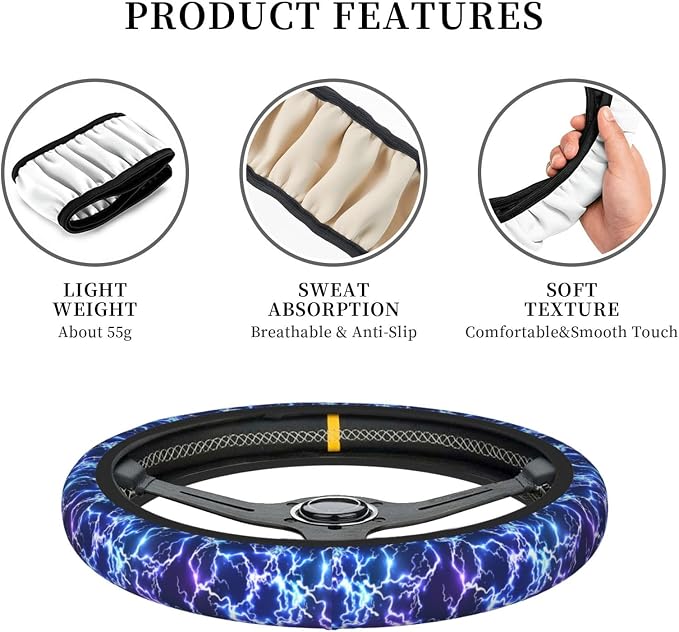 Abstract Blue Cool Lightning Steering Wheel Cover For Women Men Girls Car Accessories Decor Anti-Slip Neoprene Auto Steering Wheel Covers Protector Universal 15 Inch