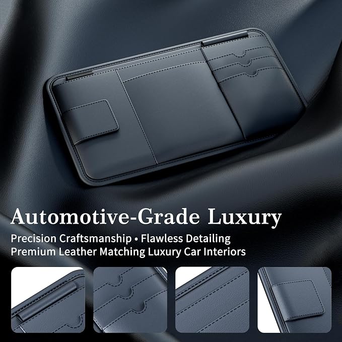 Car Visor Organizer, Premium Leather Sunglasses & Card Holder for Cars, Registration/Insurance Slot, Credit Card Pockets, Organizer for Car Sun Visor (Black Leather)