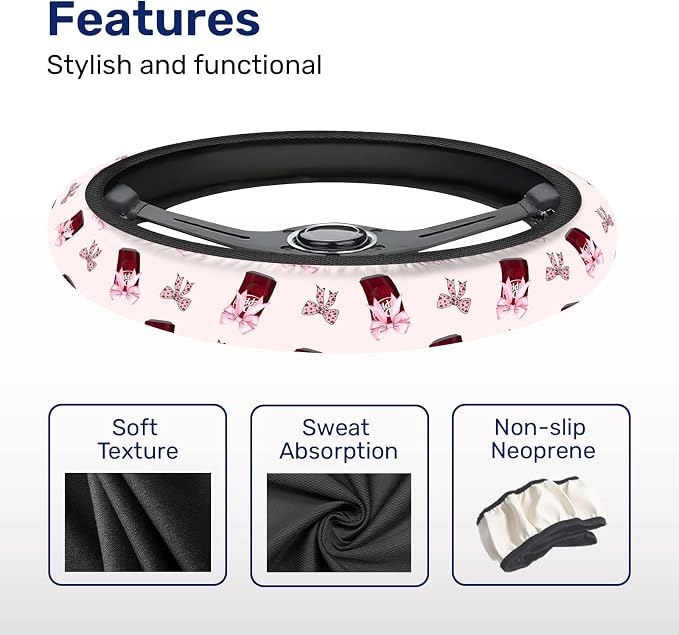 Retro Red Soda Bow Steering Wheel Cover, Polyester Non-Slip Car Wheel Grip, Universal 15 Inch Auto Accessory