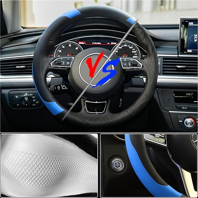 Blue Steering Wheel Cover Microfiber Leather Sporty Car Accessories for Men and Women,Breathable Non-Slip Universal Fit 14 1/2-15 Inch(Black and Blue)