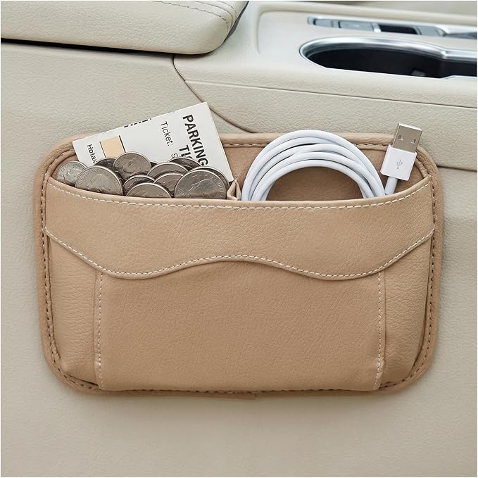 Car Seat Side Pocket Organizer, Multifunctional Auto Console Door Window Side Pocket Seats Storage Pouch, Leather Seat Gap Filler Organizer Pen Phone Holder for Most Vehicles (Beige)