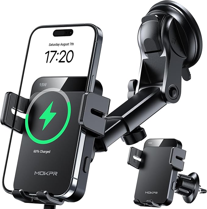 Wireless Car Charger, 15W Auto Clamping Car Charger Dash Windshield Air Vent Phone Holder Compatible with iPhone 16 15 14/13/13 Pro/12 pro/12/11/X/8, Samsung S24/S23/S22