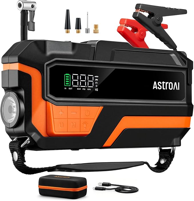 M10 6000A 150PSI Car Jump Starter with Air Compressor - 12V Portable Battery Booster (All Gas/12.0L Diesel), Smart Tire Inflator, Heavy-Duty Jumper Cables, Power Bank, LED Light, Storage Case