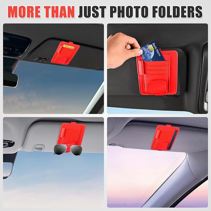 Sunglass Holder for Car Visor, Multi-Pocket Leather Car Sun Visor Organizer with Ticket Pens Card Clip, Sunglasses Holders,Suitable Eyeglasses,Car Accessories Keep Tidy (Red)