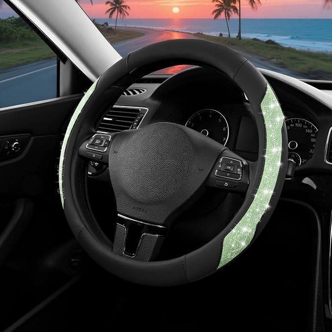 Steering Wheel Cover, Green Sparkly Crystal Bling Glitter with Leather, Universal Fit 14.5"-15.5" Car Steering Wheels for Girls & Women, Anti-Slip Wheels Cover for Cars, Trucks, Van, SUVs
