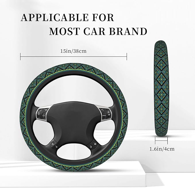 Geometric Steering Wheel Cover Car Elastic Steering Wheel Protector | Bohemian Style Blue Gold Anti-Slip Car Accessories Interior for Women Men Universal 15 Inch