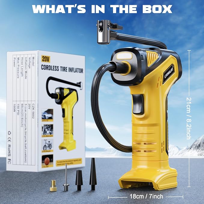 Tire Inflator Portable Air Compressor Compatible With Dewalt 20V Battery, 150PSI Air Pump Cordless Tire Pump Digital Pressure Gauge, Tire Inflator for Car, Bike, Motorcycle (Tool Only)