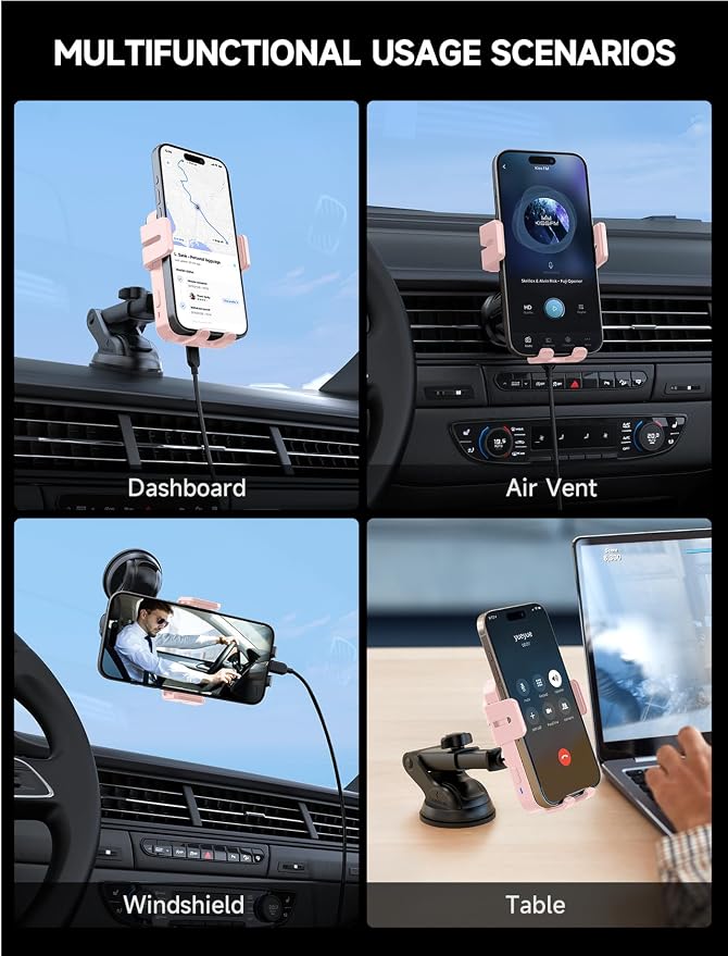 Wireless Car Charger, 15W Auto Clamping Car Charger Dash Windshield Air Vent Phone Holder Compatible with iPhone 16 15 14/13/13 Pro/12 pro/12/11/X/8, Samsung S24/S23/S22, Pink