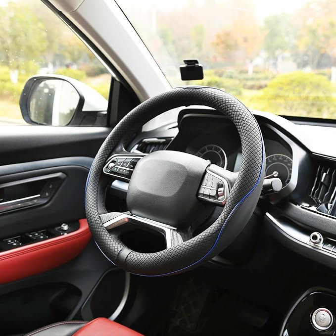 Microfiber Leather Steering Wheel Cover Anti-Slip Matte Finish Auto Car Wheel Cover Universal 15 Inch Wheel Cover for Car Embossing Pattern Blue Line