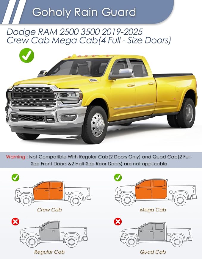 in-Channel Window Rain Guard for Dodge RAM 2500 3500 2019-2026 Crew Cab Mega Cab Rain Guards Side Truck Window Visors Low Profile Vent Visor Window Deflectors Vent Shades Car Accessories
