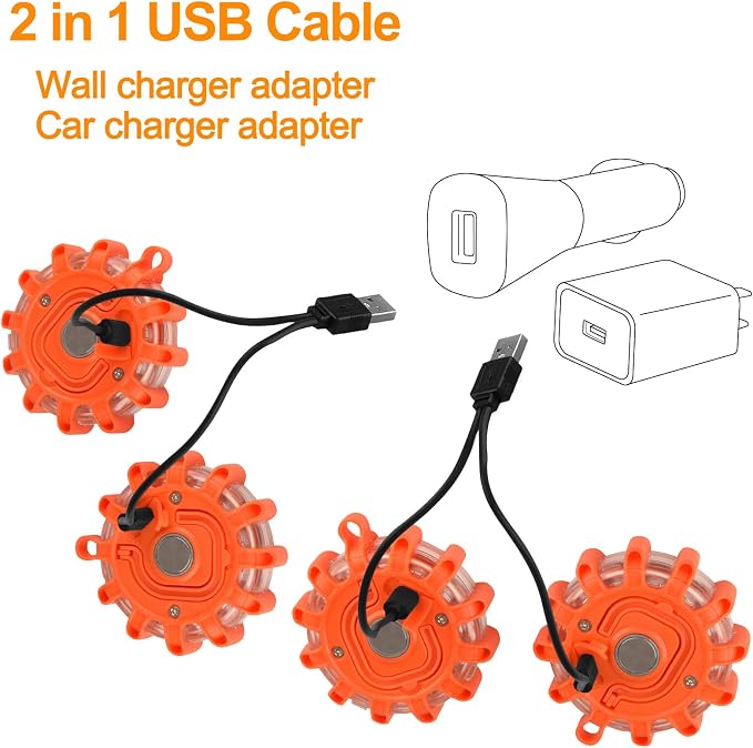USB-C Rechargeable LED Road Flares Roadside Emergency Light, Safety Warning Flashing Flare Beacon Disc Strobe Traffic with Magnetic Base for Construction Vehicles Truck Boat (Red,2 Pack)