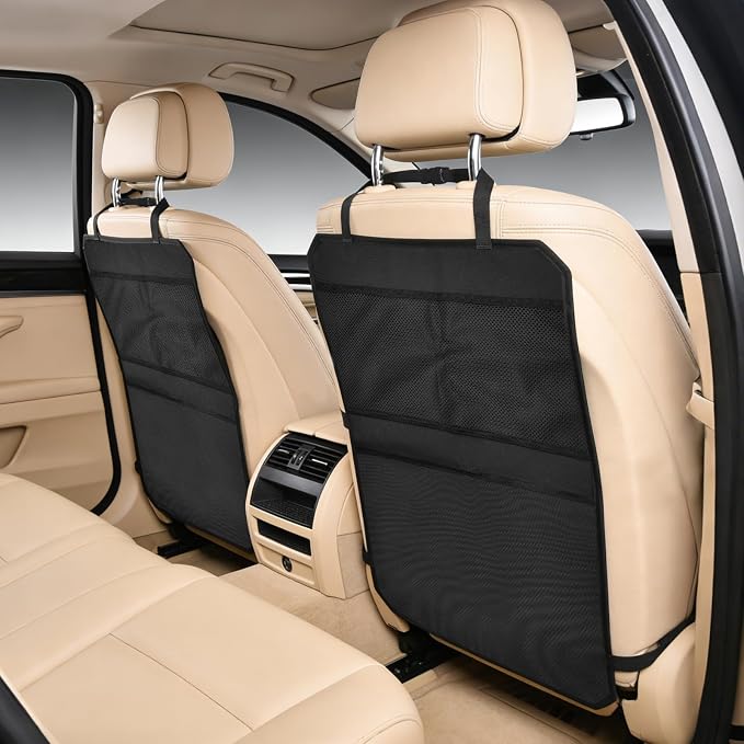 Back Seat Cover for Kids – 2 Mesh Pockets + 1 X-Large Storage Organizer, Waterproof Car Seat Back Protector for Vehicles, Protects Upholstery from Dirt, Mud & Scratches, Black (1)