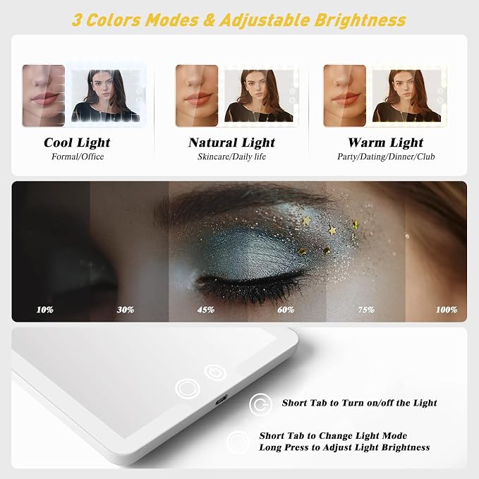 Car Visor Mirror with Lights & 20X Magnification, LED Lighted Vanity Makeup Mirror for Women, Universal Fit for Car SUV Truck, Easy to Install, Rechargeable 3 Color Modes & Adjustable Brightness