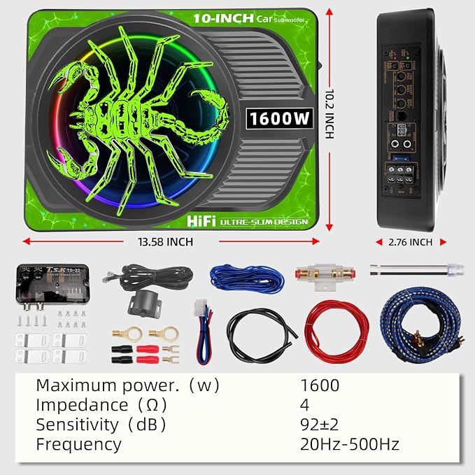 2026 Upgraded 10" 1600W Slim Under Seat Car Subwoofer with Built-in Amp & LED Ambient Lights - Low Profile Bass Sub for Car Audio Individual Controls (LPF/Gain/Bass Boost) High Output Distortion-Free