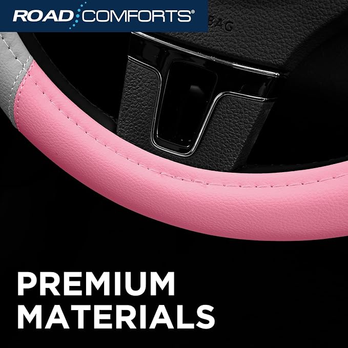 Car Steering Wheel Cover - Microfiber Leather Steering Wheel Wrap Sports 14.5-15 Inch Steering Wheel Cover Non-Slip for Men Women Pink & Gray Color