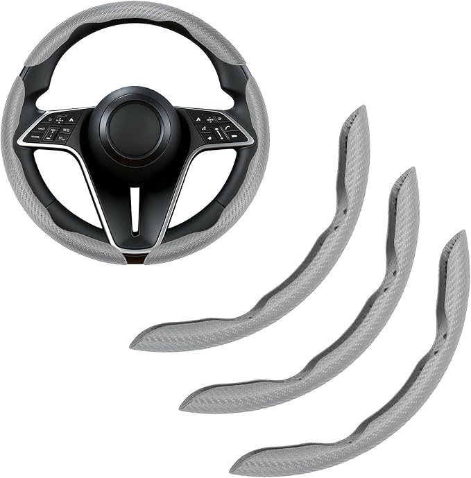 3Pcs Carbon Fiber Steering Wheel Cover Universal Fit 99% Cars | Non-slip soft grip, easy to wipe clean, quick to install, perfect for daily commutes and road trips, Gray
